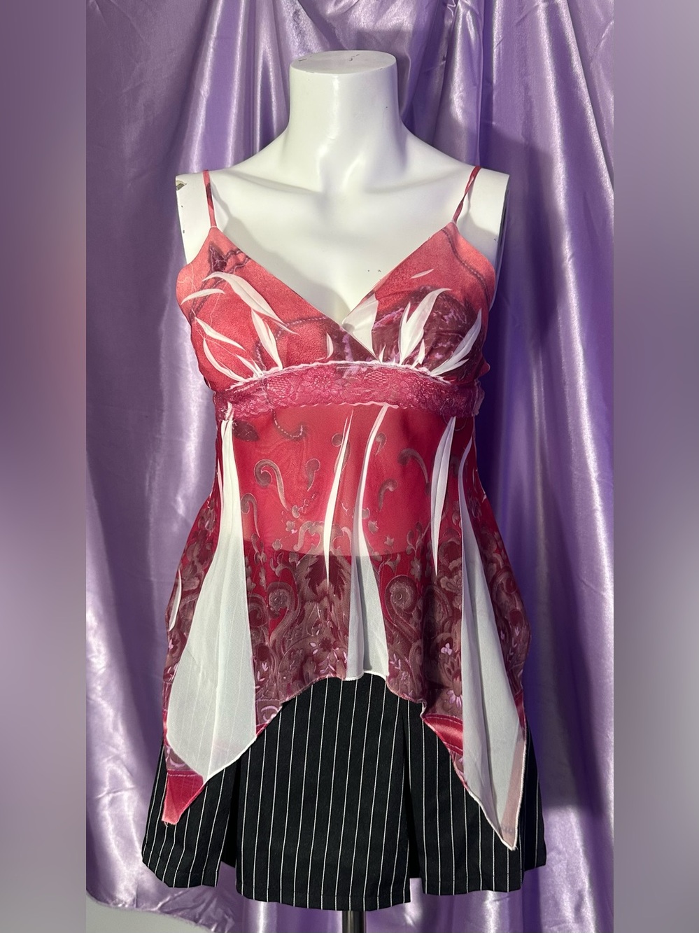 Vintage Y2K Sheer Mesh Handkerchief Hem Cami Fairycore Grunge Whimsigoth XS/S